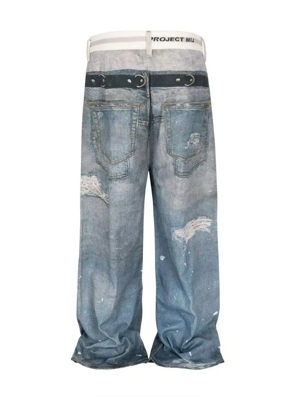 Y/Project Blue Distressed Denim Jeans with Printed Belt Graphic